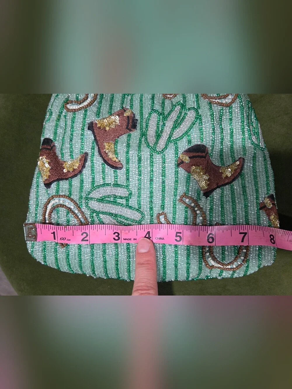 Beaded Drawstring Bag - Green Embroidered Western Motif